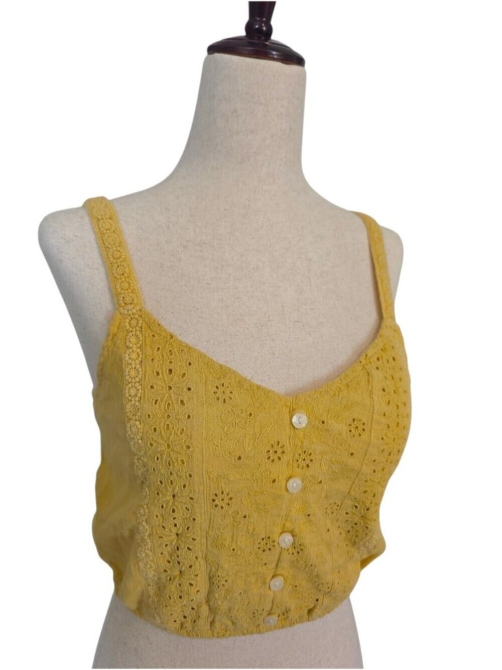 Crop Top Yellow Eyelet Embroidered Faux Button Front